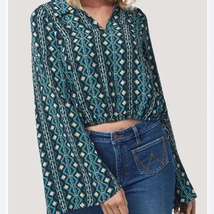 Wrangler RETRO Bell Sleeve Boho 70’s Style Cropped Blouse - Dark Teal, Size XXL